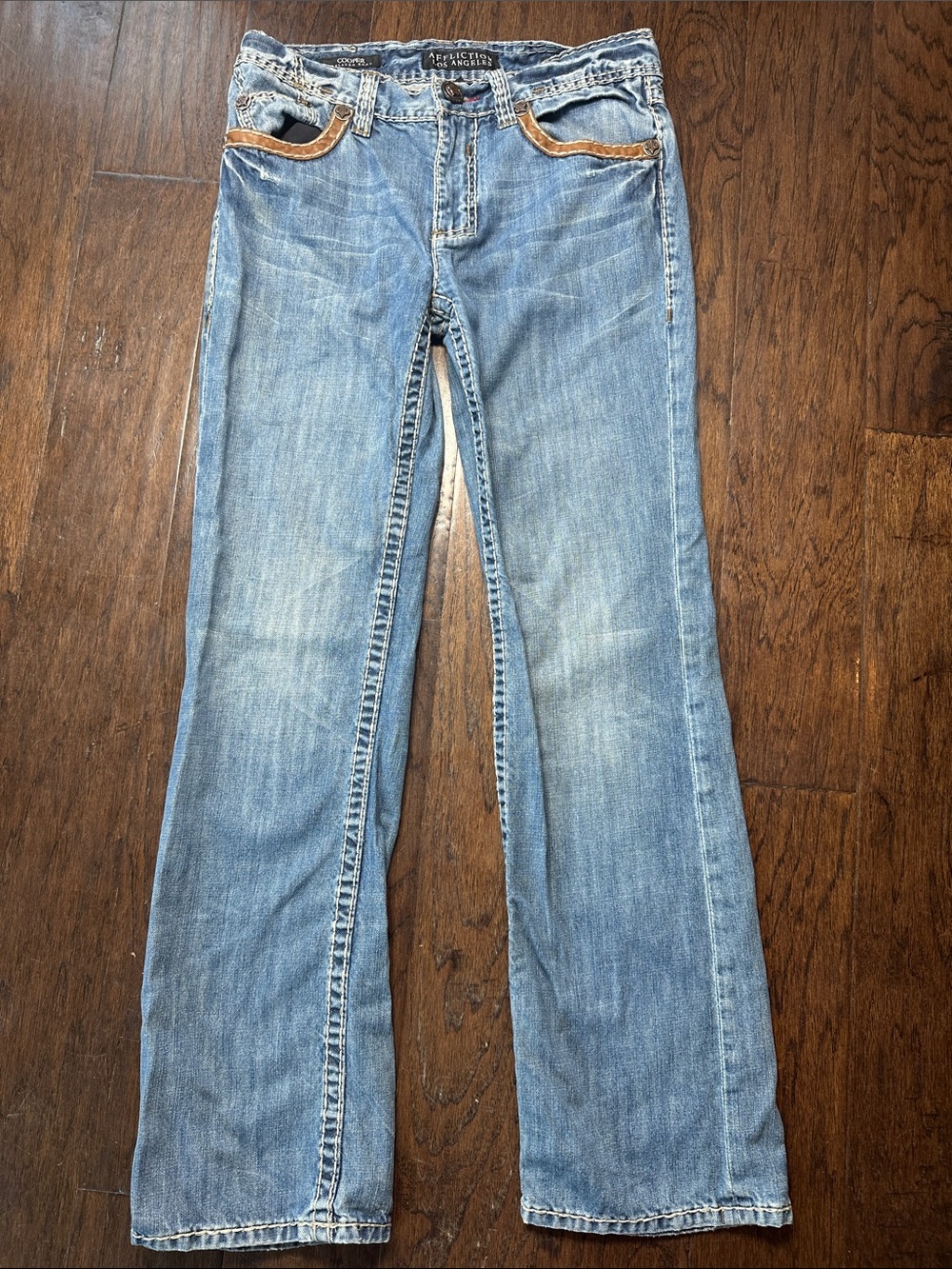 Affliction Light Blue Flare Jeans with Tan Trim